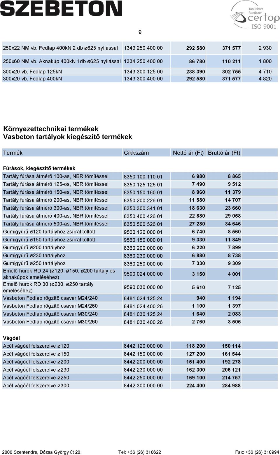 Fedlap 400kN 1343 300 400 00 292 580 371 577 4 820 Környezettechnikai termékek Vasbeton tartályok kiegészítő termékek Termék Cikkszám Nettó ár (Ft) Bruttó ár (Ft) Fúrások, kiegészítő termékek Tartály