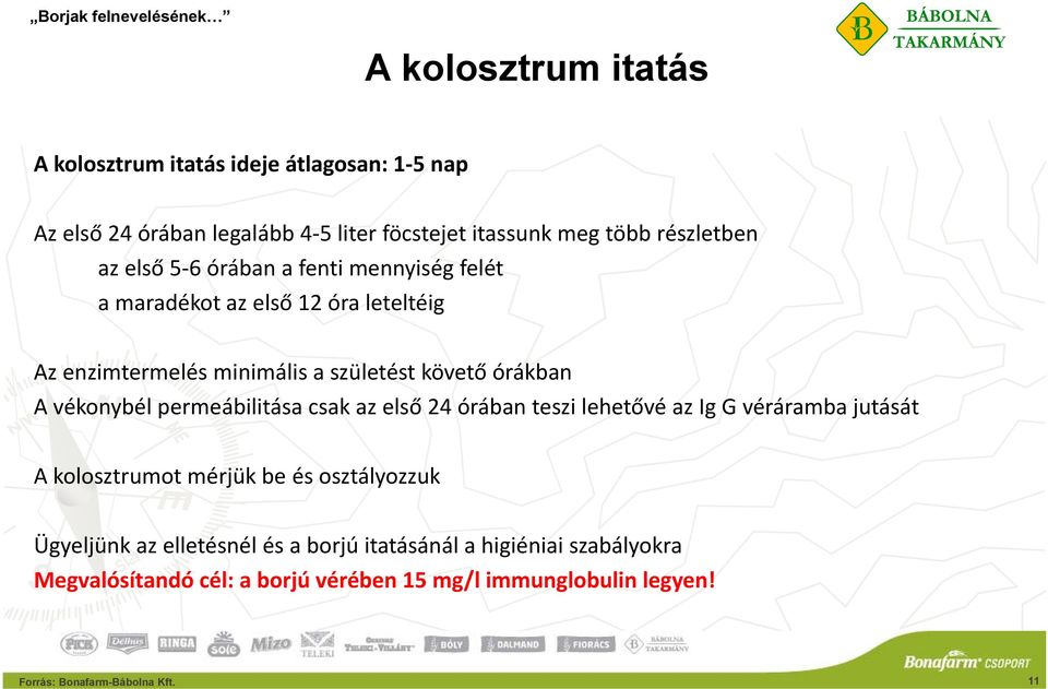 permeábilitása csak az első 24 órában teszi lehetővé az Ig G véráramba jutását A kolosztrumot mérjük be és osztályozzuk Ügyeljünk az elletésnél