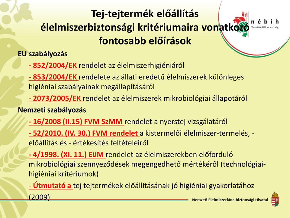 15) FVM SzMM rendelet a nyerstej vizsgálatáról - 52/2010. (IV. 30.) FVM rendelet a kistermelői élelmiszer-termelés, - előállítás és - értékesítés feltételeiről - 4/1998. (XI. 11.