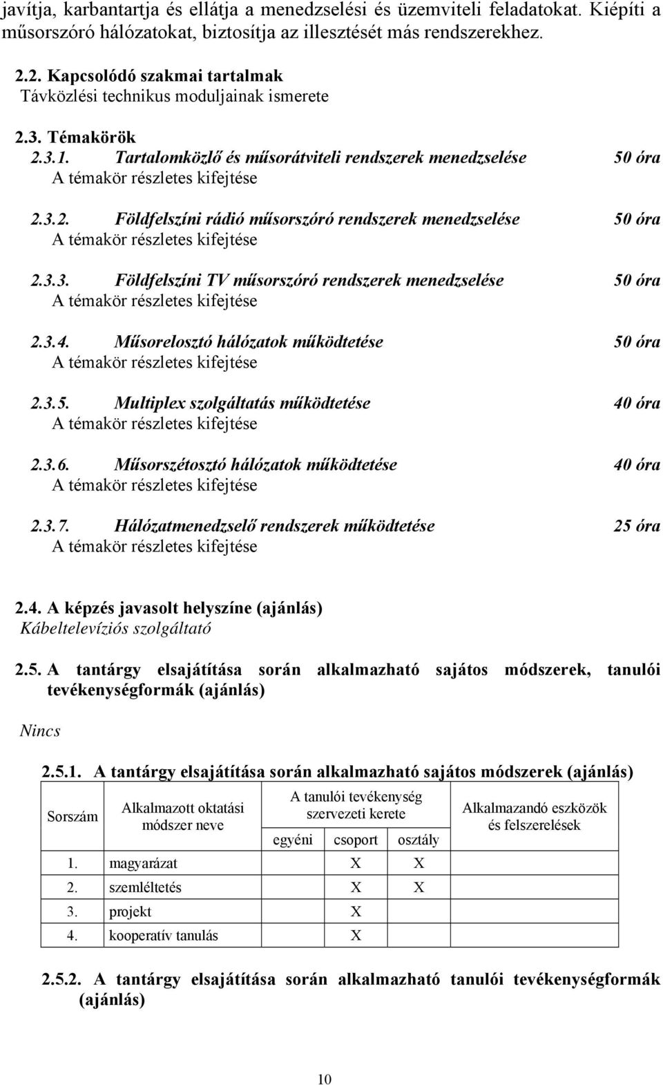 3.3. Földfelszíni TV műsorszóró rendszerek menedzselése 50 óra 2.3.4. Műsorelosztó hálózatok működtetése 50 óra 2.3.5. Multiple szolgáltatás működtetése 40 óra 2.3.6.