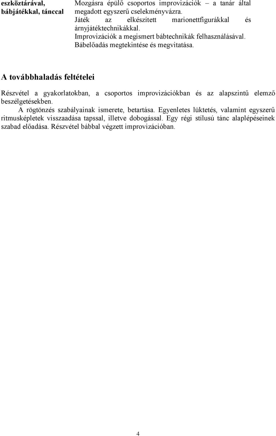 A továbbhaladás feltételei Részvétel a gyakorlatokban, a csoportos improvizációkban és az alapszintű elemző beszélgetésekben.