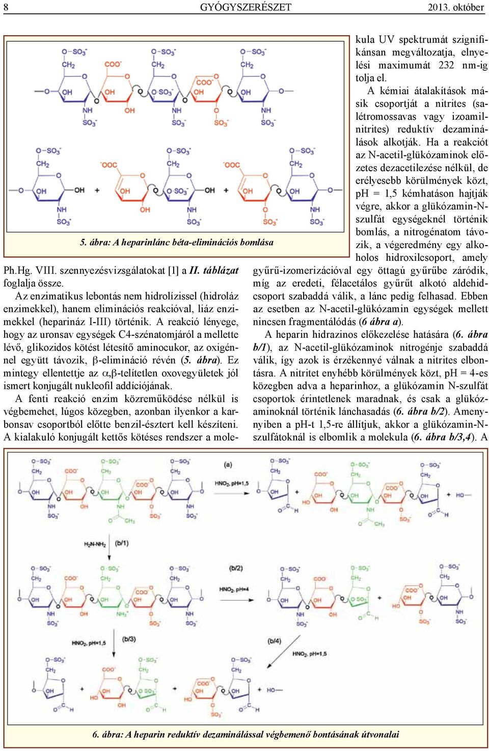 Ha a reakciót az N-acetil-glükózaminok előzetes dezacetilezése nélkül, de erélyesebb körülmények közt, ph = 1,5 kémhatáson hajtják végre, akkor a glükózamin-nszulfát egységeknél történik bomlás, a