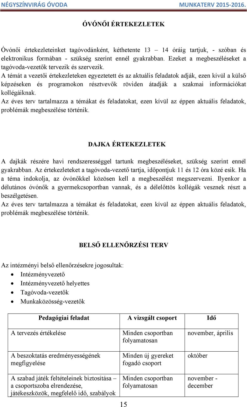 A témát a vezetői értekezleteken egyeztetett és az aktuális feladatok adják, ezen kívül a külső képzéseken és programokon résztvevők röviden átadják a szakmai információkat kollégáiknak.