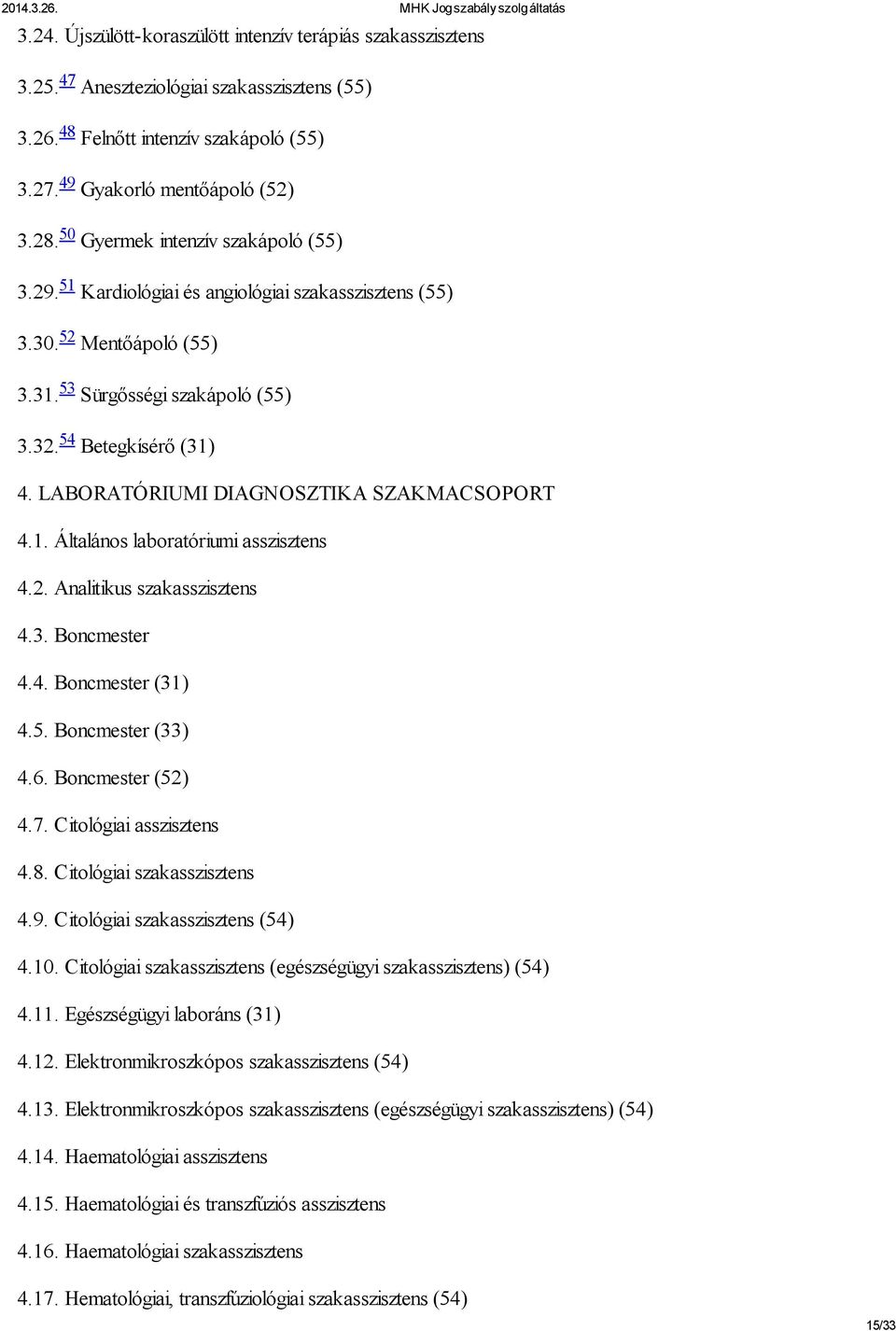 LABORATÓRIUMI DIAGNOSZTIKA SZAKMACSOPORT 4.1. Általános laboratóriumi asszisztens 4.2. Analitikus szakasszisztens 4.3. Boncmester 4.4. Boncmester (31) 4.5. Boncmester (33) 4.6. Boncmester (52) 4.7.