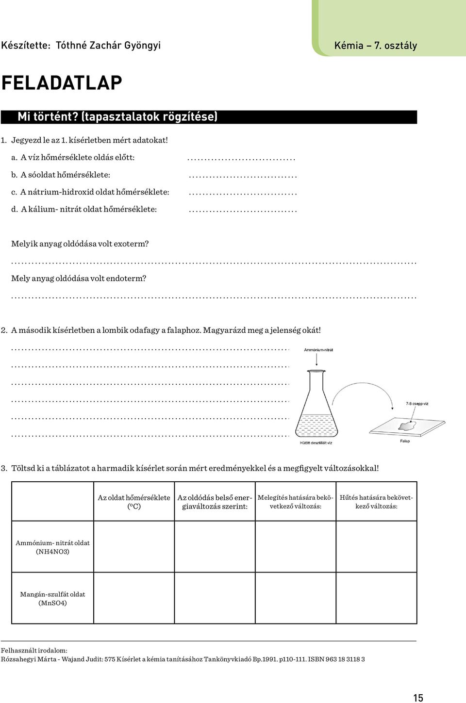 ............................... Melyik anyag oldódása volt exoterm? Mely anyag oldódása volt endoterm? 2. A második kísérletben a lombik odafagy a falaphoz. Magyarázd meg a jelenség okát! 3.