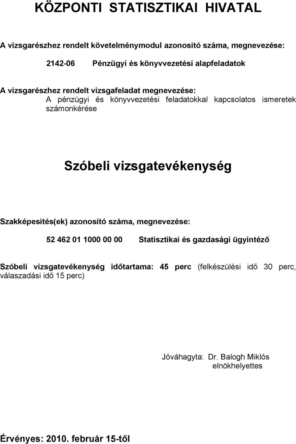 Szóbeli vizsgatevékenység Szakképesítés(ek) azonosító száma, megnevezése: 52 462 01 1000 00 00 Statisztikai és gazdasági ügyintéző Szóbeli