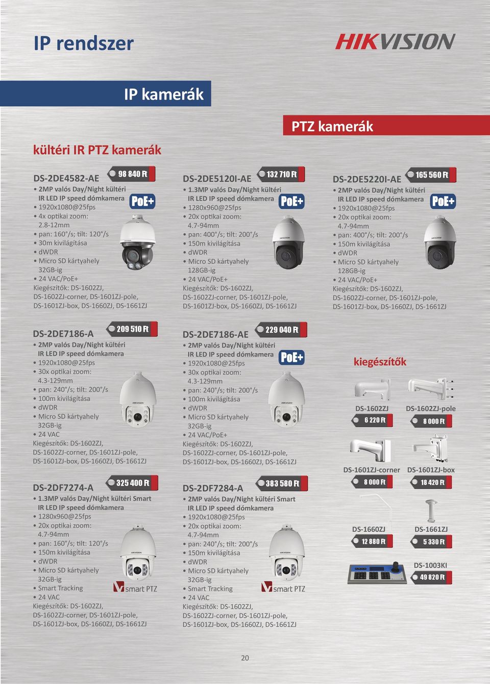 7-94mm pan: 400 /s; tilt: 200 /s 150m kivilágítása 128GB-ig /PoE+ 165 560 Ft DS-2DE5220I-AE IR LED IP speed dómkamera 20x optikai zoom: 4.