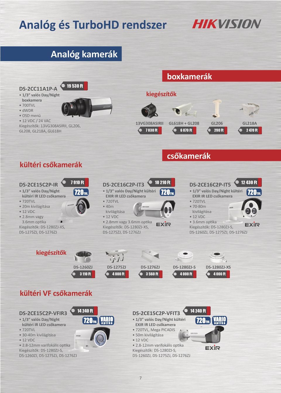 6mm optika Kiegészítők: DS-1280ZJ-XS, 7 910 Ft 10 210 Ft DS-2CE16C2P-IT3 1/3 valós Day/Night kültéri EXIR IR LED csőkamera 720TVL 40m kivilágítása 2.8mm vagy 3.