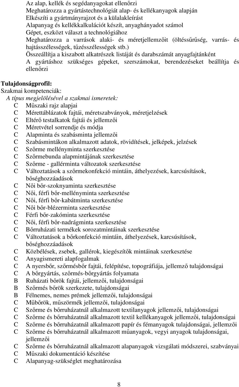 ) Összeállítja a kiszabott alkatrészek listáját és darabszámát anyagfajtánként A gyártáshoz szükséges gépeket, szerszámokat, berendezéseket beállítja és ellenőrzi Tulajdonságprofil: Szakmai