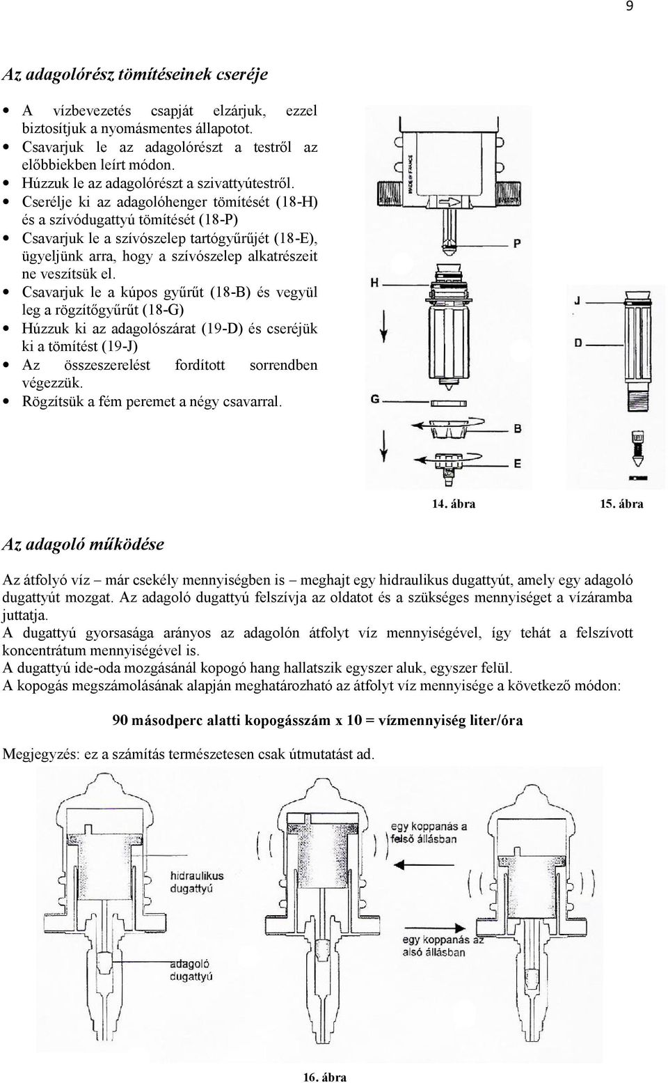 Cserélje ki az adagolóhenger tömítését (18 -H) és a szívódugattyú tömítését (18-P) Csavarjuk le a szívószelep tartógyűrűjét (18-E), ügyeljünk arra, hogy a szívószelep alkatrészeit ne veszítsük el.