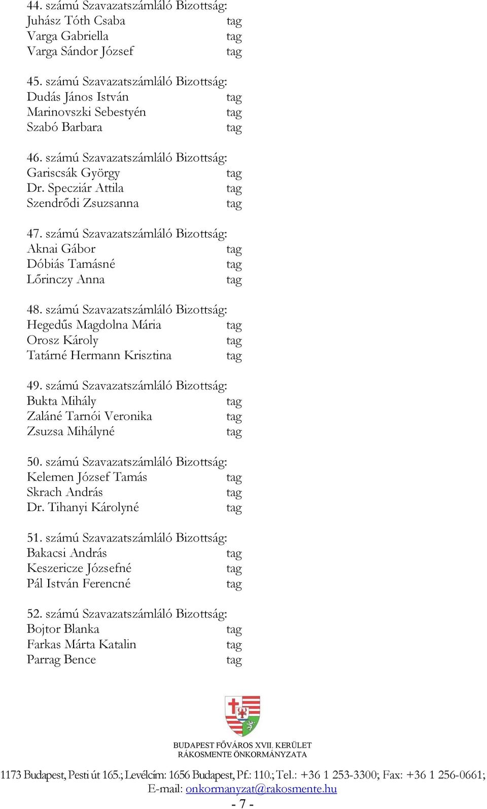 számú Szavazatszámláló Bizottság: Hegedűs Magdolna Mária Orosz Károly Tatárné Hermann Krisztina 49. számú Szavazatszámláló Bizottság: Bukta Mihály Zaláné Tarnói Veronika Zsuzsa Mihályné 50.