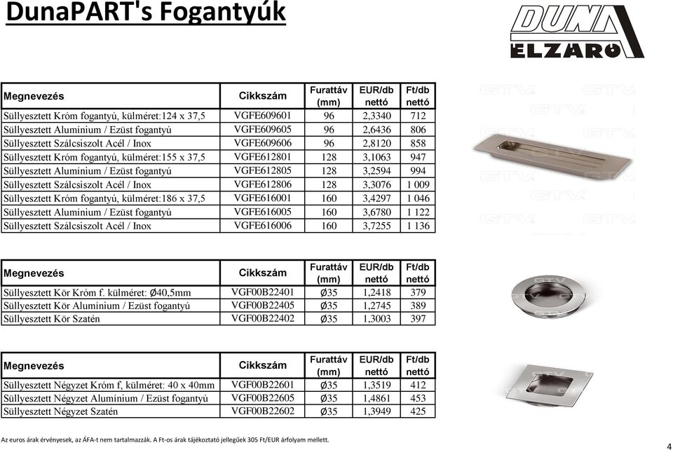 3,3076 1 009 Süllyesztett Króm fogantyú, külméret:186 x 37,5 VGFE616001 160 3,4297 1 046 Süllyesztett Alumínium / Ezüst fogantyú VGFE616005 160 3,6780 1 122 Süllyesztett Szálcsiszolt Acél / Inox