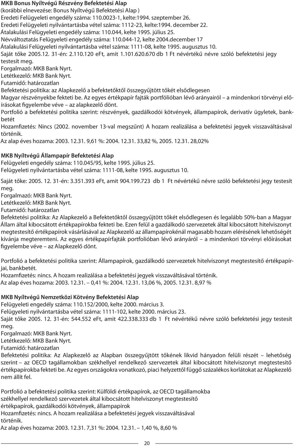 Névváltoztatás Felügyeleti engedély száma: 110.044-12, kelte 2004.december 17 Átalakulási Felügyeleti nyilvántartásba vétel száma: 1111-08, kelte 1995. augusztus 10. Saját tőke 2005.12. 31-én: 2.110.120 eft, amit 1.