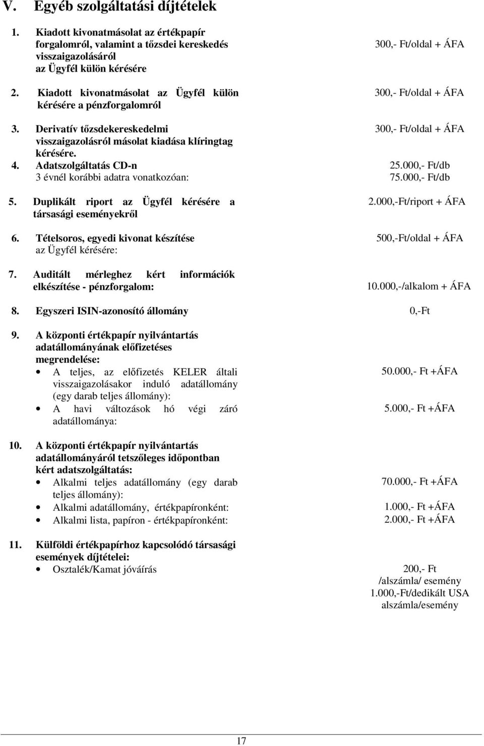 Derivatív tőzsdekereskedelmi 300,- Ft/oldal + ÁFA visszaigazolásról másolat kiadása klíringtag kérésére. 4. Adatszolgáltatás CD-n 25.000,- Ft/db 3 évnél korábbi adatra vonatkozóan: 75.000,- Ft/db 5.