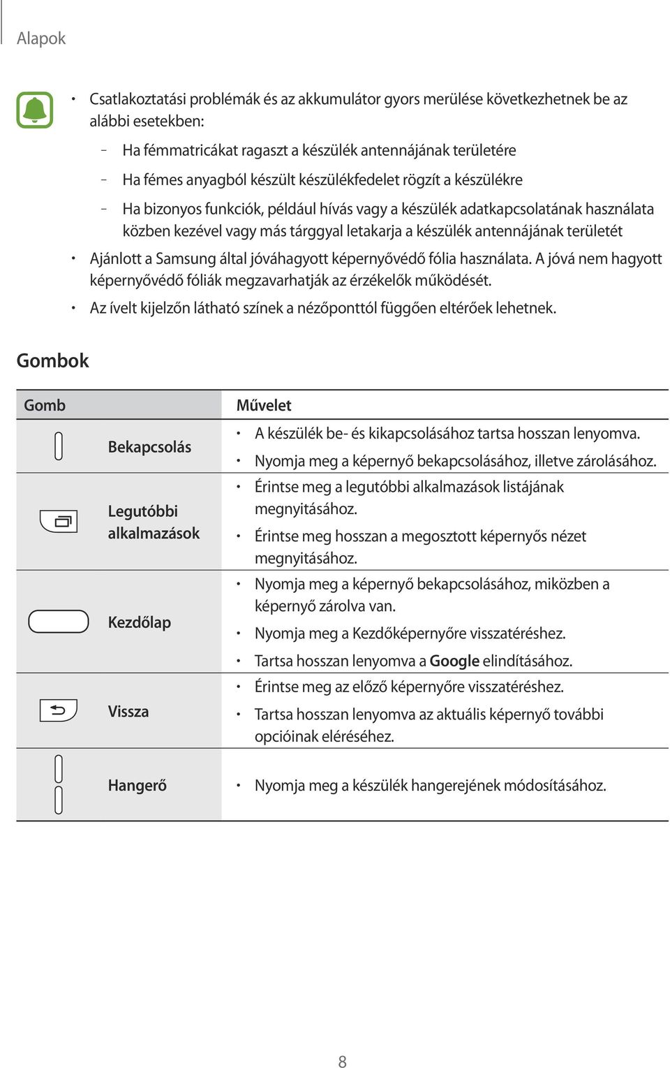 Ajánlott a Samsung által jóváhagyott képernyővédő fólia használata. A jóvá nem hagyott képernyővédő fóliák megzavarhatják az érzékelők működését.