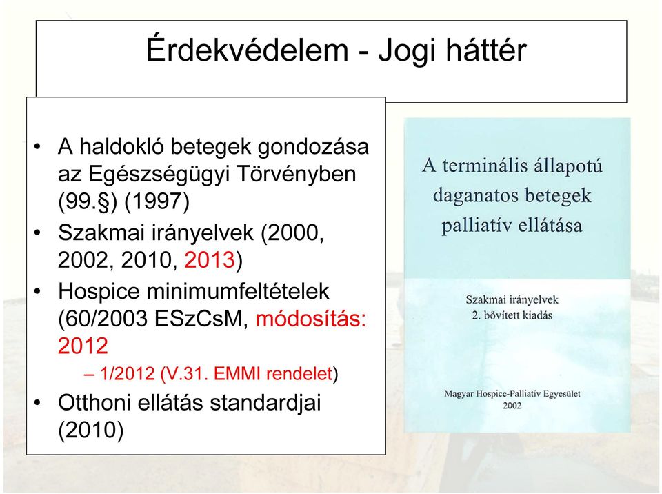 ) (1997) Szakmai irányelvek (2000, 2002, 2010, 2013) Hospice