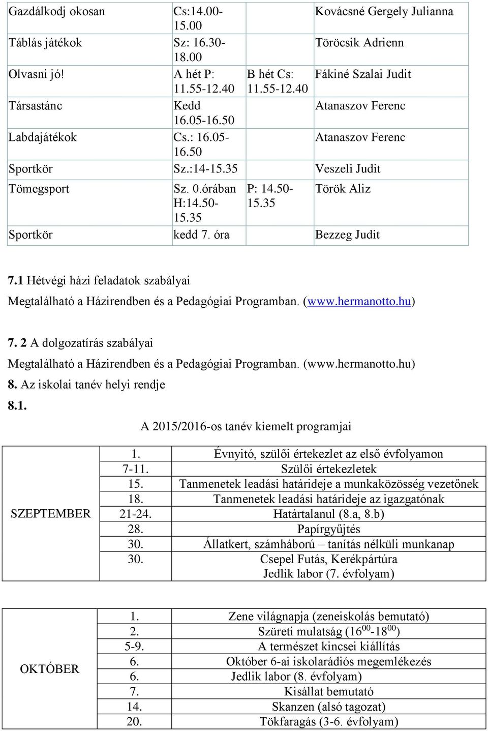 0.órában H:150-15.35 P: 150-15.35 Török Aliz Sportkör kedd 7. óra Bezzeg Judit 7.1 Hétvégi házi feladatok szabályai Megtalálható a Házirendben és a Pedagógiai Programban. (www.hermanotto.hu) 7.