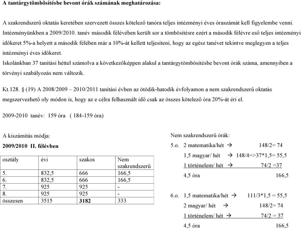 tanév második félévében került sor a tömbösítésre ezért a második félévre eső teljes intézményi időkeret 5%-a helyett a második félében már a 10%-át kellett teljesíteni, hogy az egész tanévet