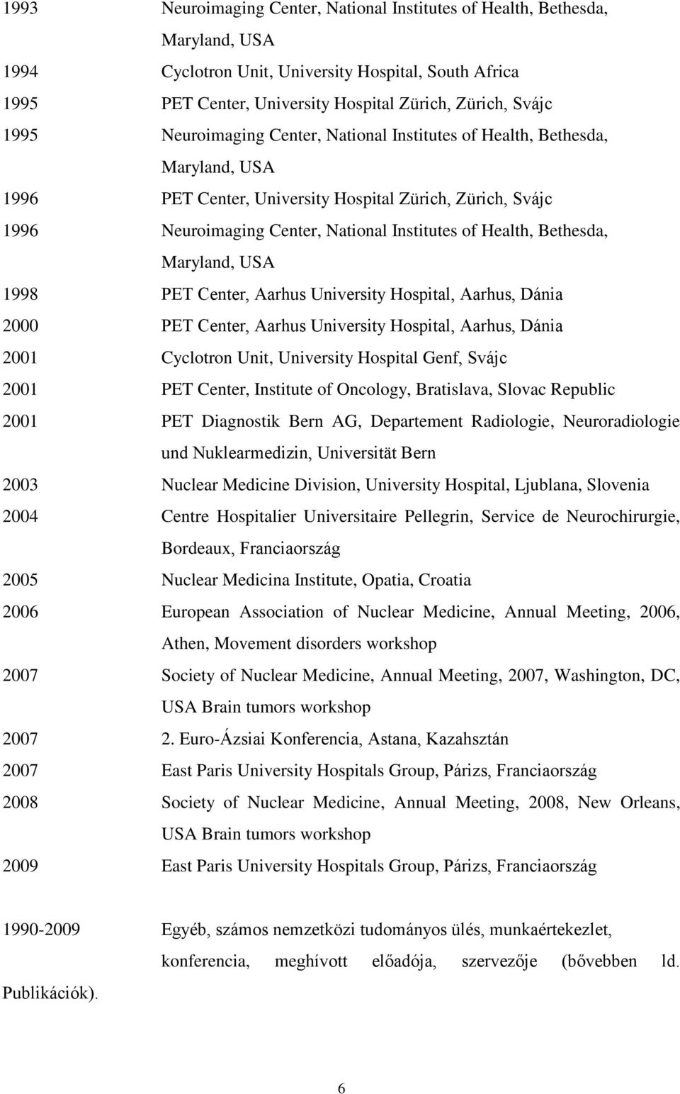 University Hospital, Aarhus, Dánia 2000 PET Center, Aarhus University Hospital, Aarhus, Dánia 2001 Cyclotron Unit, University Hospital Genf, Svájc 2001 PET Center, Institute of Oncology, Bratislava,