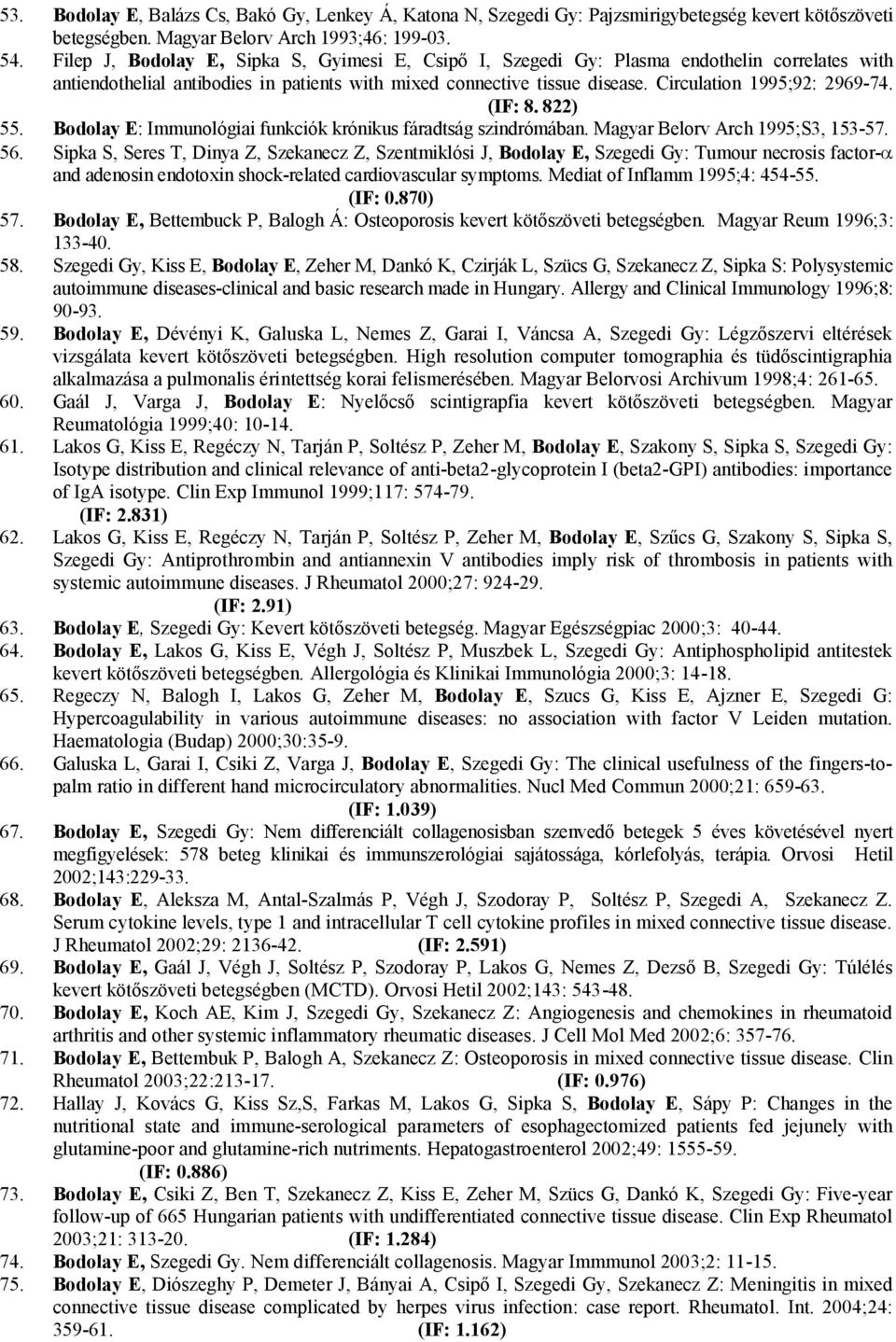 Circulation 1995;92: 2969-74. (IF: 8. 822) 55. Bodolay E: Immunológiai funkciók krónikus fáradtság szindrómában. Magyar Belorv Arch 1995;S3, 153-57. 56.