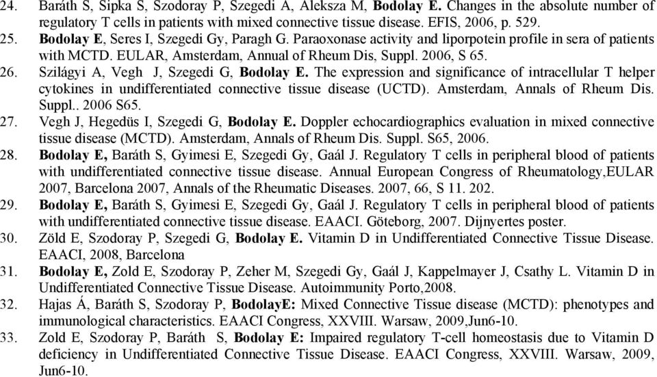 Szilágyi A, Vegh J, Szegedi G, Bodolay E. The expression and significance of intracellular T helper cytokines in undifferentiated connective tissue disease (UCTD). Amsterdam, Annals of Rheum Dis.
