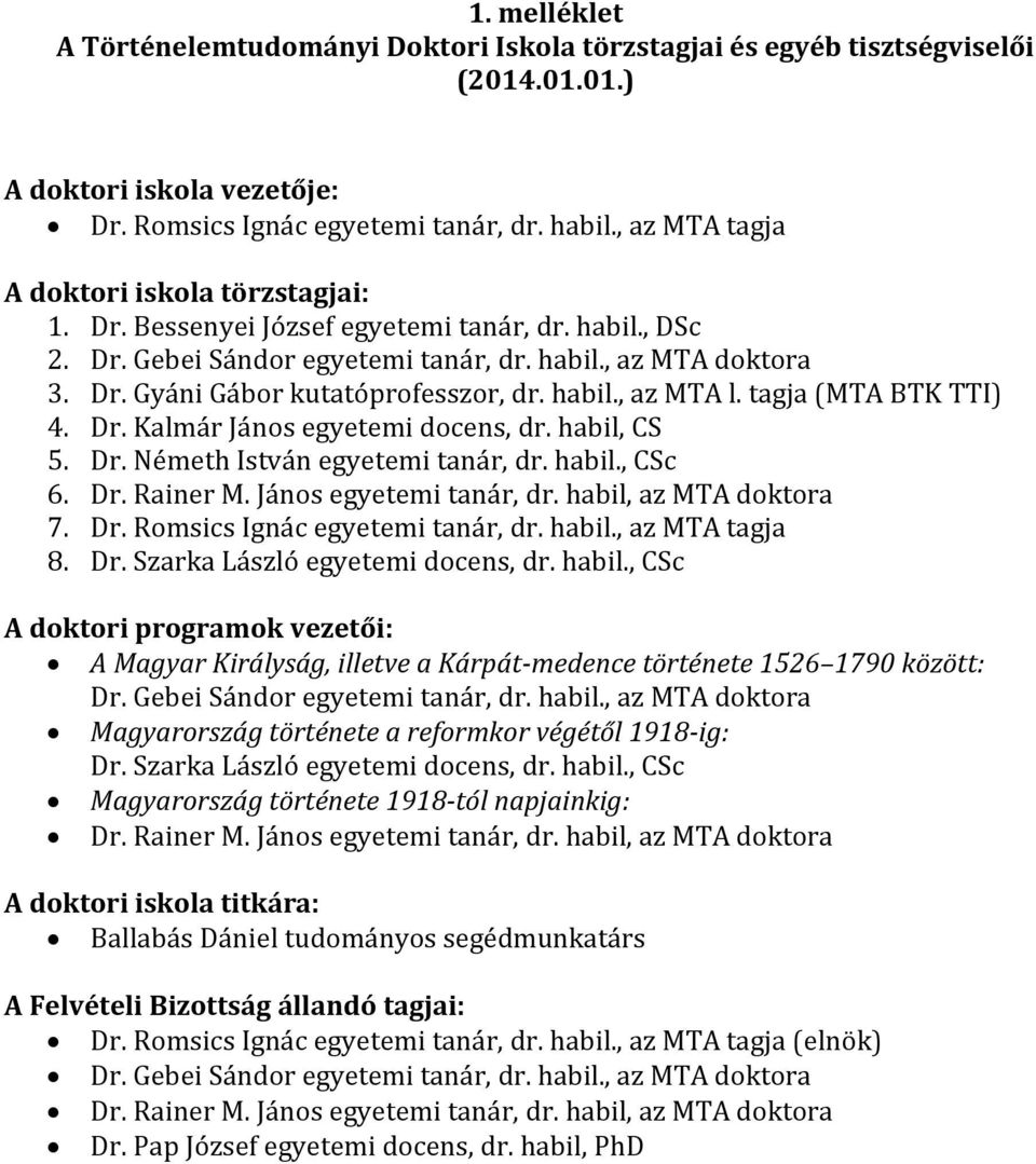 habil., az MTA l. tagja (MTA BTK TTI) 4. Dr. Kalmár János egyetemi docens, dr. habil, CS 5. Dr. Németh István egyetemi tanár, dr. habil., CSc 6. Dr. Rainer M. János egyetemi tanár, dr.