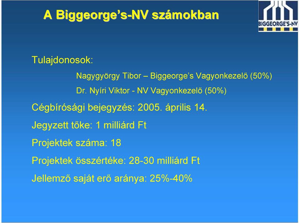 Nyíri Viktor - NV Vagyonkezelő (50%) Cégbírósági bejegyzés: 2005.