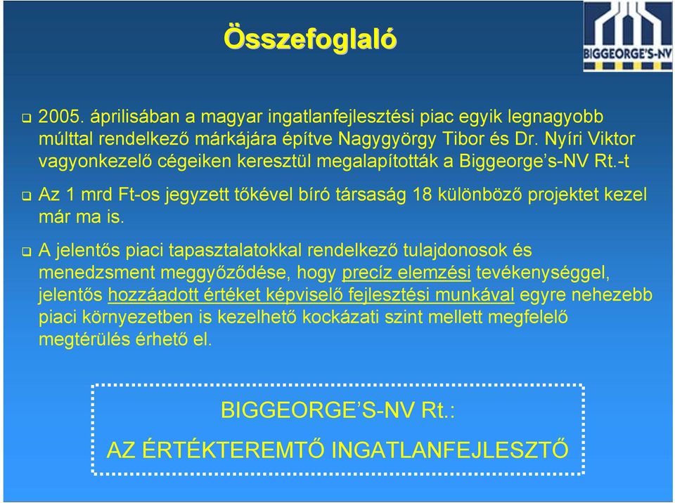 -t Az 1 mrd Ft-os jegyzett tőkével bíró társaság 18 különböző projektet kezel már ma is.