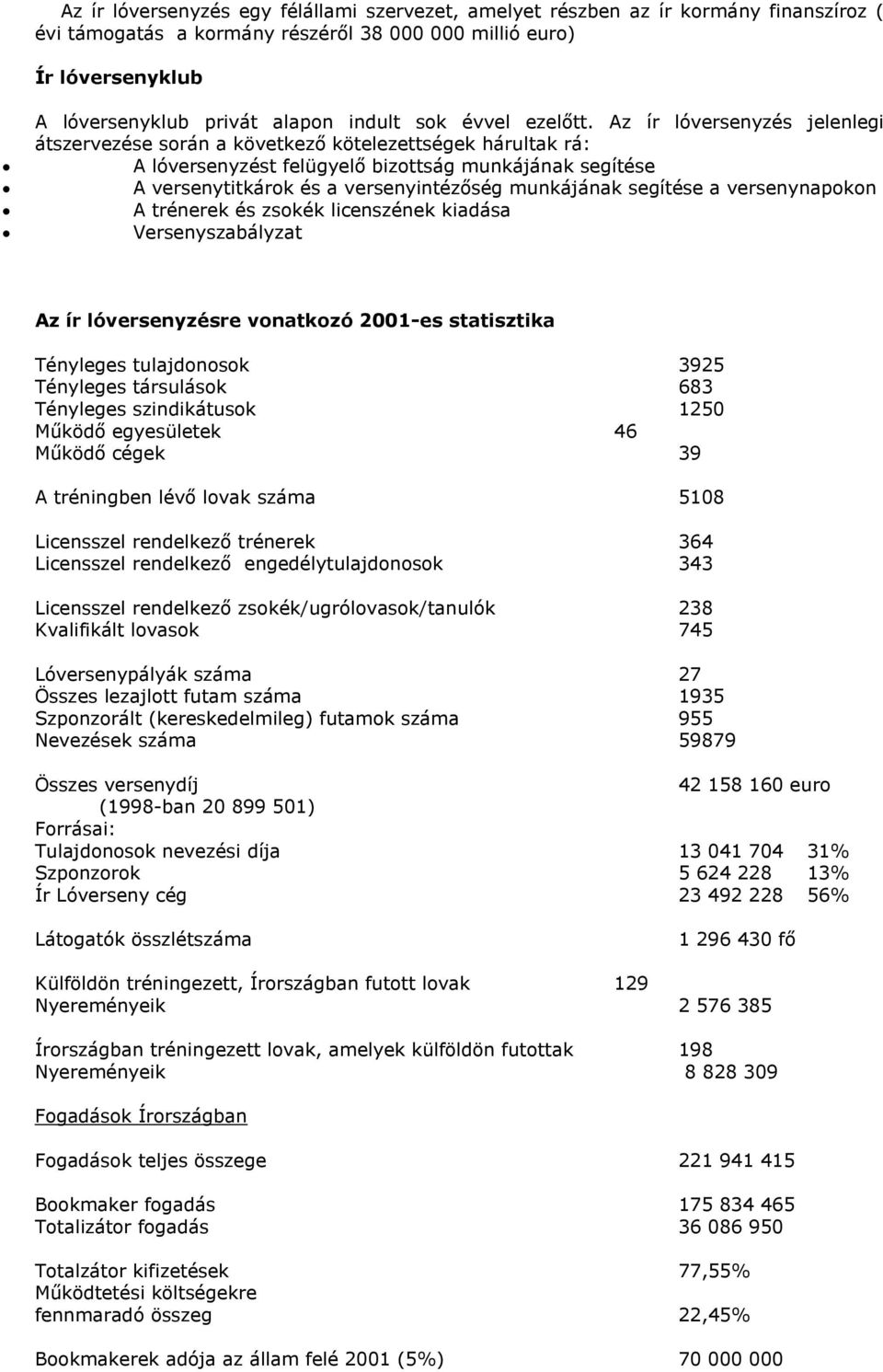 Az ír lóversenyzés jelenlegi átszervezése során a következő kötelezettségek hárultak rá: A lóversenyzést felügyelő bizottság munkájának segítése A versenytitkárok és a versenyintézőség munkájának
