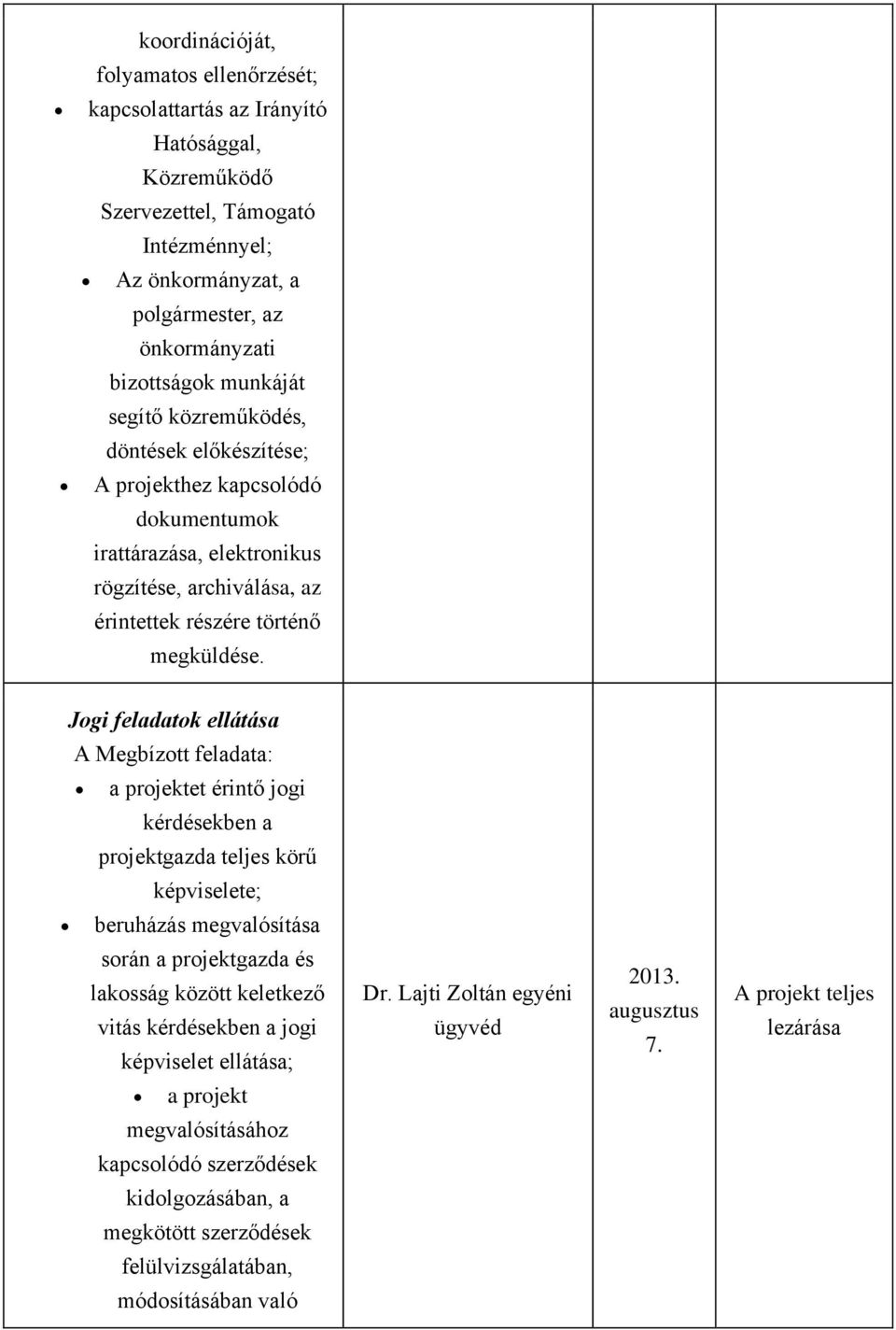 Jogi feladatok ellátása A Megbízott feladata: a projektet érintő jogi kérdésekben a projektgazda teljes körű képviselete; beruházás megvalósítása során a projektgazda és lakosság között keletkező