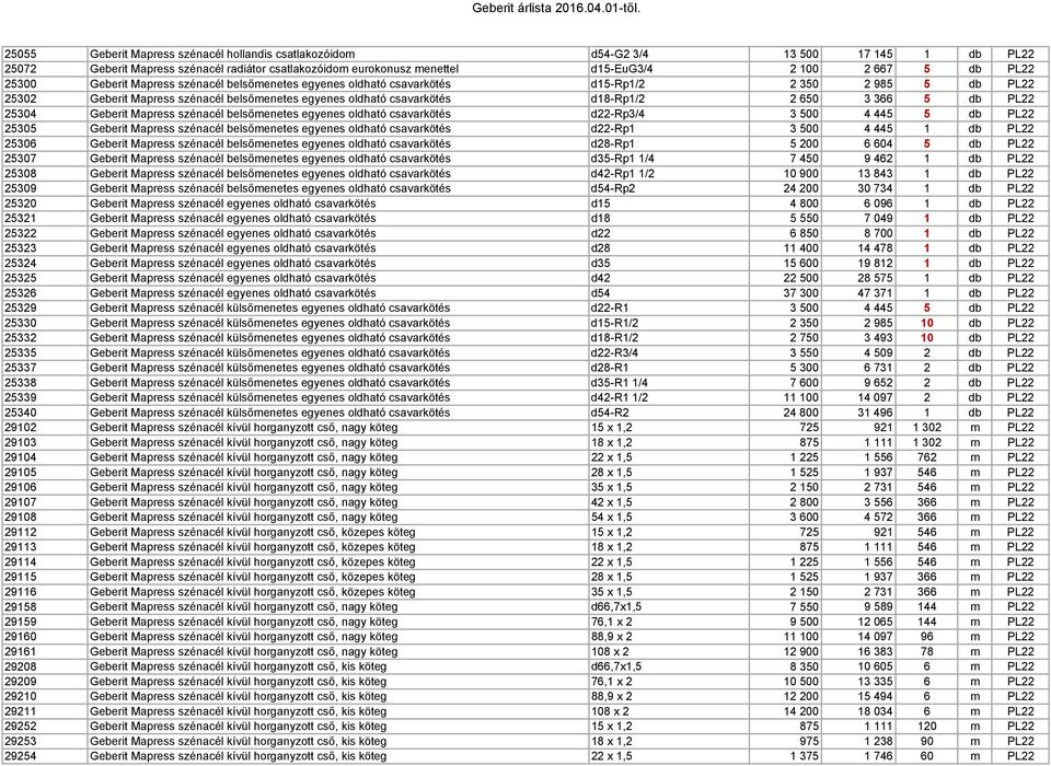 db PL22 25304 Geberit Mapress szénacél belsőmenetes egyenes oldható csavarkötés d22-rp3/4 3 500 4 445 5 db PL22 25305 Geberit Mapress szénacél belsőmenetes egyenes oldható csavarkötés d22-rp1 3 500 4