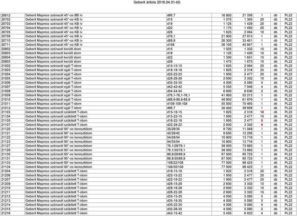 ív d76,1 21 900 27 813 1 db PL22 20710 Geberit Mapress szénacél 45 -os KB ív d88,9 26 300 33 401 1 db PL22 20711 Geberit Mapress szénacél 45 -os KB ív d108 36 100 45 847 1 db PL22 20802 Geberit