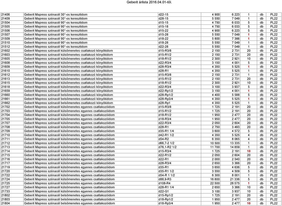 21507 Geberit Mapress szénacél 90 -os keresztidom d15-28 5 550 7 049 1 db PL22 21509 Geberit Mapress szénacél 90 -os keresztidom d18-22 5 800 7 366 1 db PL22 21510 Geberit Mapress szénacél 90 -os