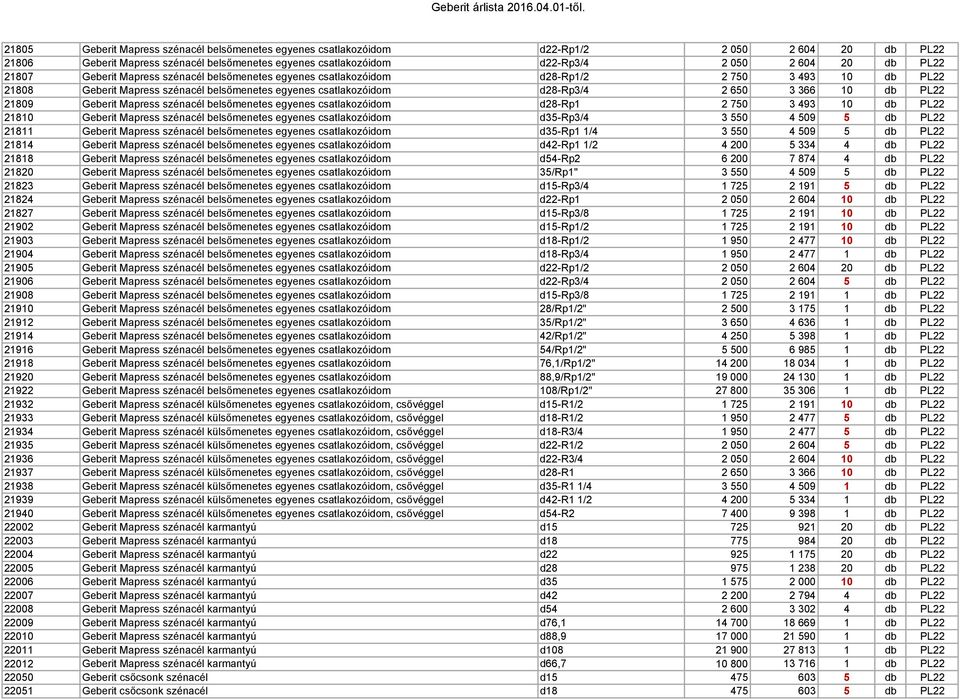 21809 Geberit Mapress szénacél belsőmenetes egyenes csatlakozóidom d28-rp1 2 750 3 493 10 db PL22 21810 Geberit Mapress szénacél belsőmenetes egyenes csatlakozóidom d35-rp3/4 3 550 4 509 5 db PL22