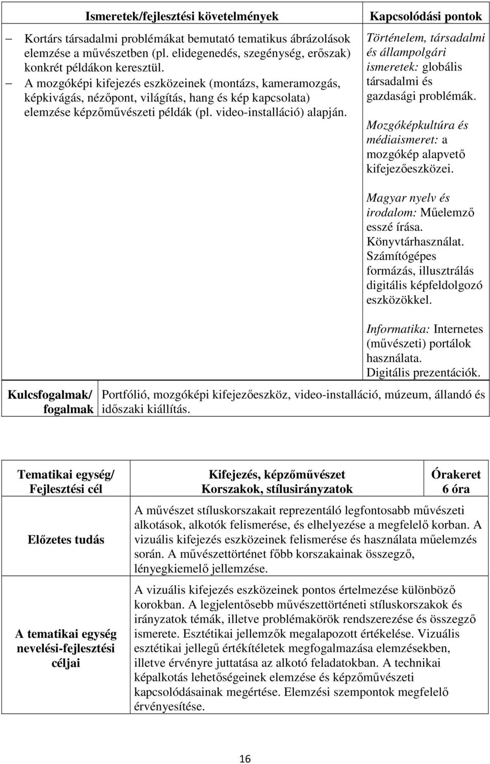 Történelem, társadalmi és állampolgári ismeretek: globális társadalmi és gazdasági problémák. Mozgóképkultúra és médiaismeret: a mozgókép alapvető kifejezőeszközei.