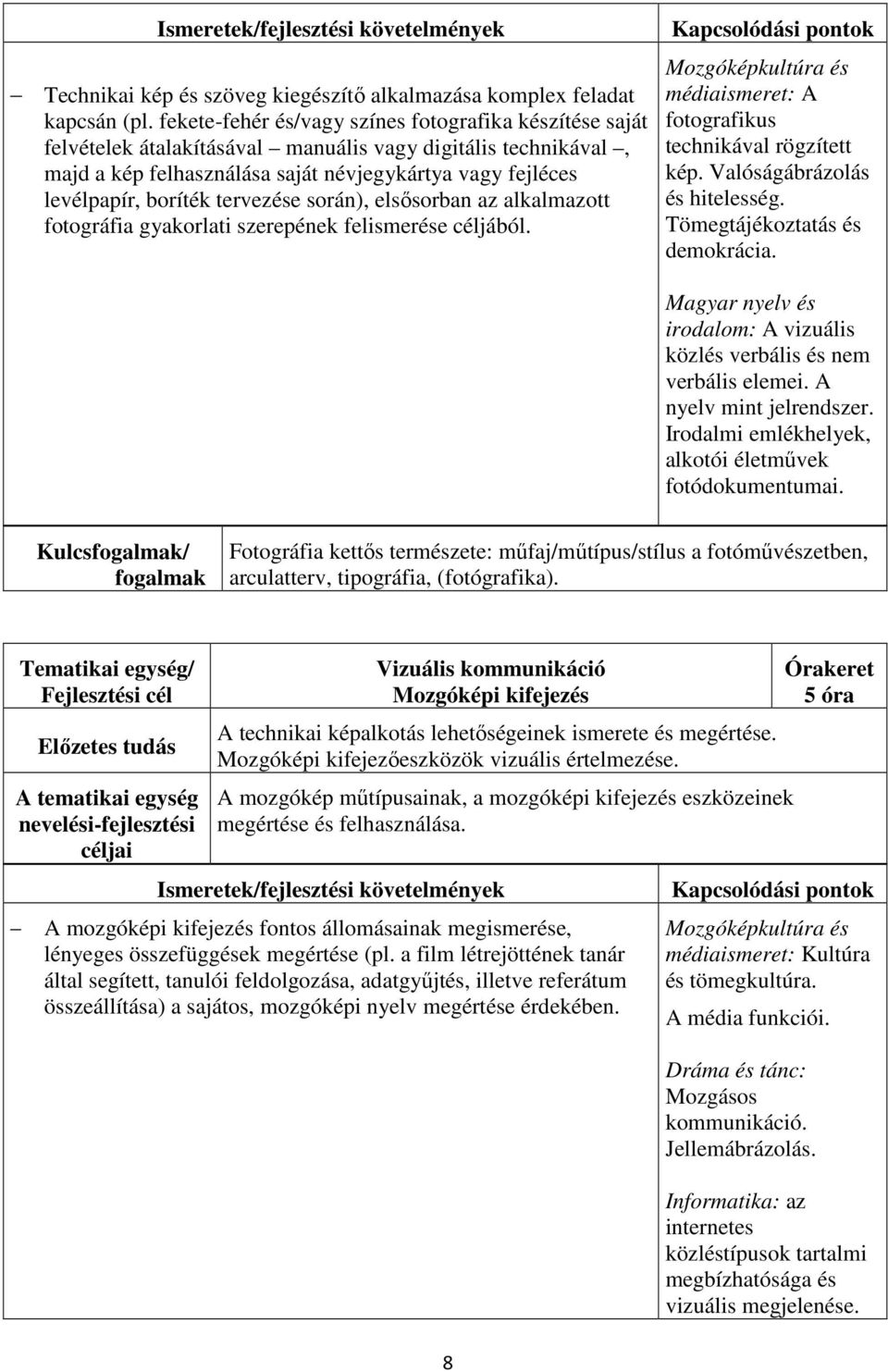 tervezése során), elsősorban az alkalmazott fotográfia gyakorlati szerepének felismerése céljából. Mozgóképkultúra és médiaismeret: A fotografikus technikával rögzített kép.