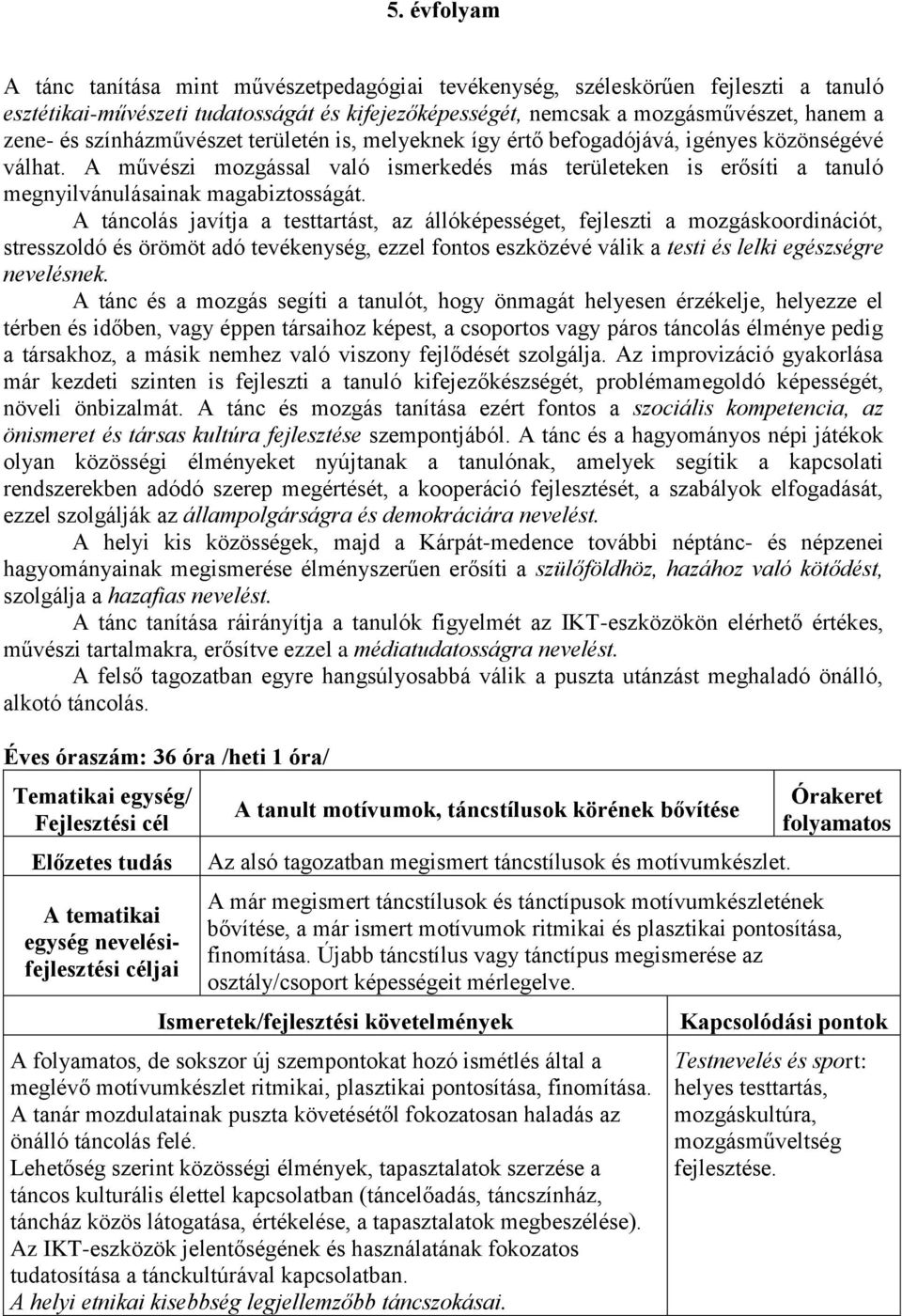 A táncolás javítja a testtartást, az állóképességet, fejleszti a mozgáskoordinációt, stresszoldó és örömöt adó tevékenység, ezzel fontos eszközévé válik a testi és lelki egészségre nevelésnek.