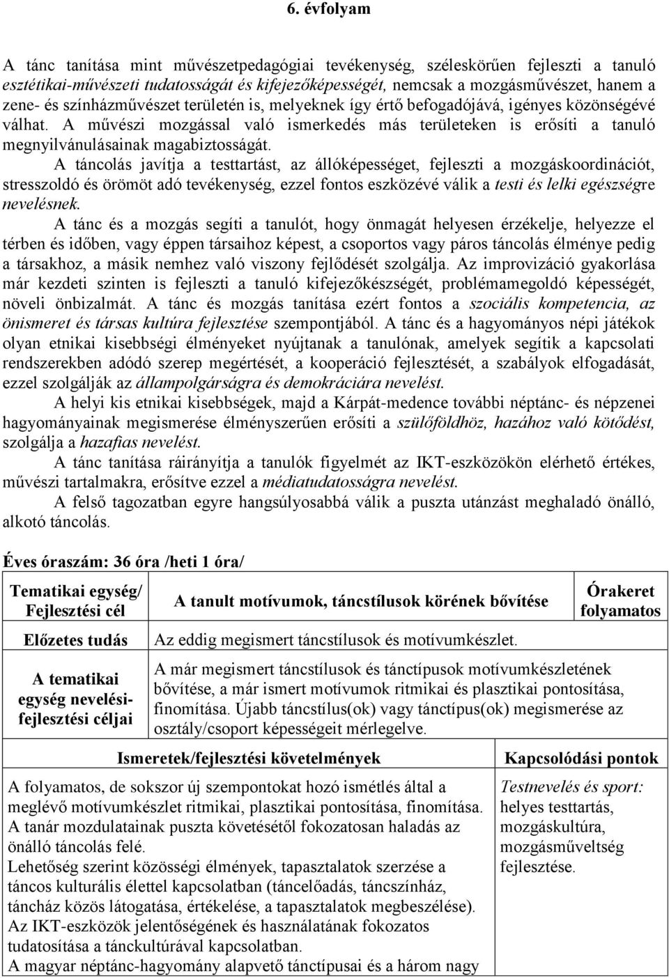 A táncolás javítja a testtartást, az állóképességet, fejleszti a mozgáskoordinációt, stresszoldó és örömöt adó tevékenység, ezzel fontos eszközévé válik a testi és lelki egészségre nevelésnek.