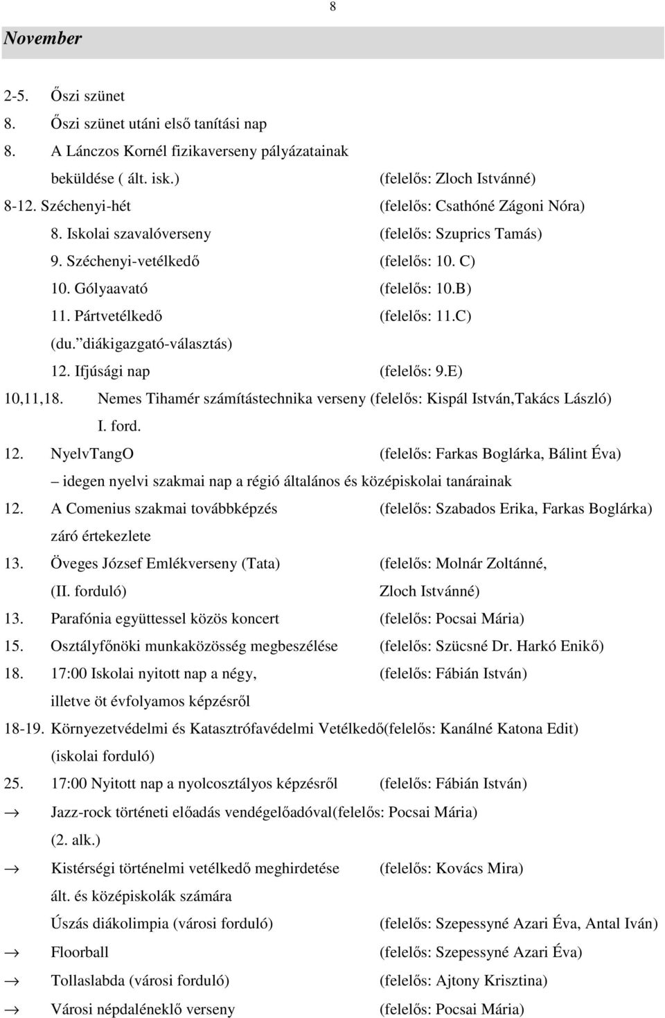 C) (du. diákigazgató-választás) 12. Ifjúsági nap (felelős: 9.E) 10,11,18. Nemes Tihamér számítástechnika verseny (felelős: Kispál István,Takács László) I. ford. 12. NyelvTangO (felelős: Farkas Boglárka, Bálint Éva) idegen nyelvi szakmai nap a régió általános és középiskolai tanárainak 12.