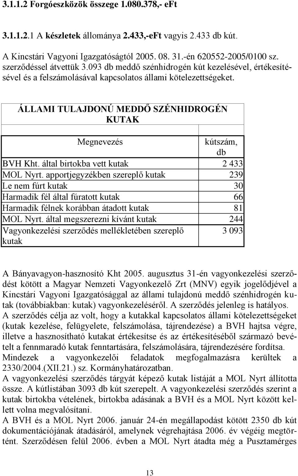 ÁLLAMI TULAJDONÚ MEDDŐ SZÉNHIDROGÉN KUTAK Megnevezés kútszám, db BVH Kht. által birtokba vett kutak 2 433 MOL Nyrt.