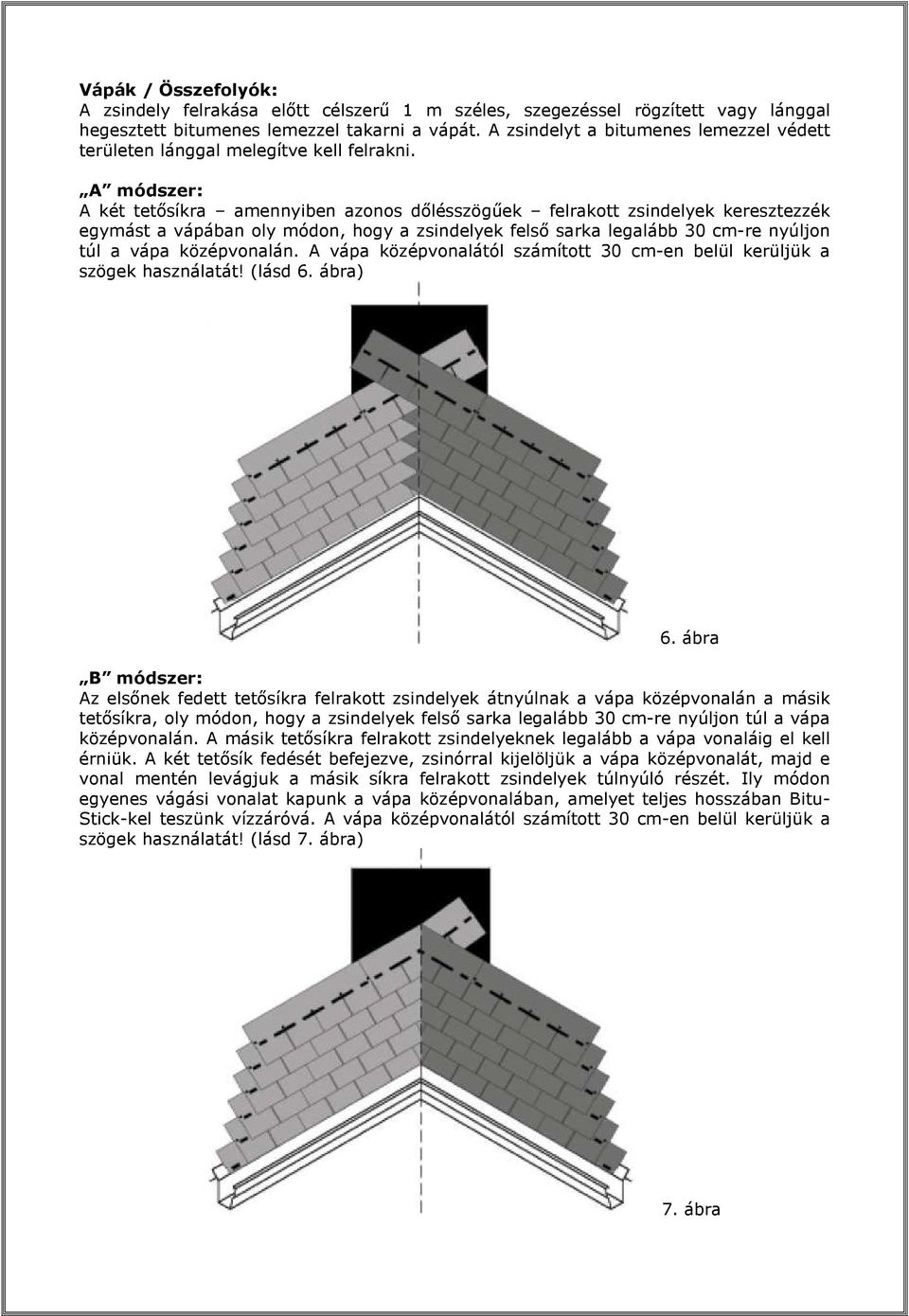 A módszer: A két tetősíkra amennyiben azonos dőlésszögűek felrakott zsindelyek keresztezzék egymást a vápában oly módon, hogy a zsindelyek felső sarka legalább 30 cm-re nyúljon túl a vápa