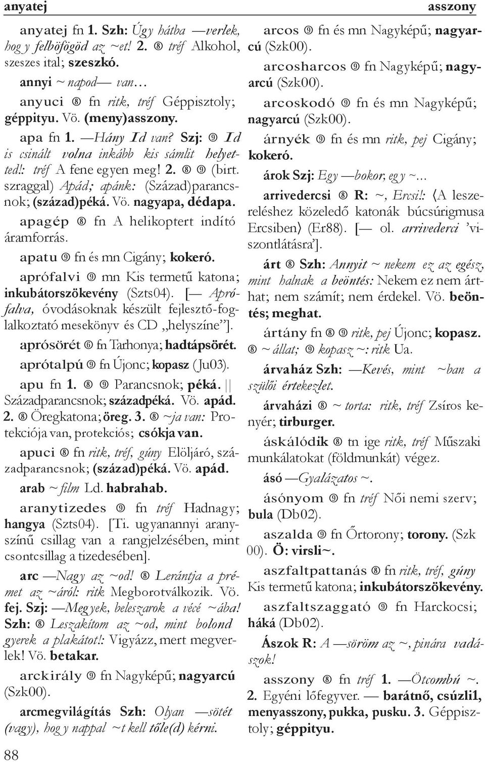 apagép fn A helikoptert indító áramforrás. apatu fn és mn Cigány; kokeró. aprófalvi mn Kis termetű katona; inkubátorszökevény (Szts04).