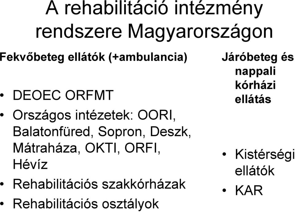 Sopron, Deszk, Mátraháza, OKTI, ORFI, Hévíz Rehabilitációs szakkórházak