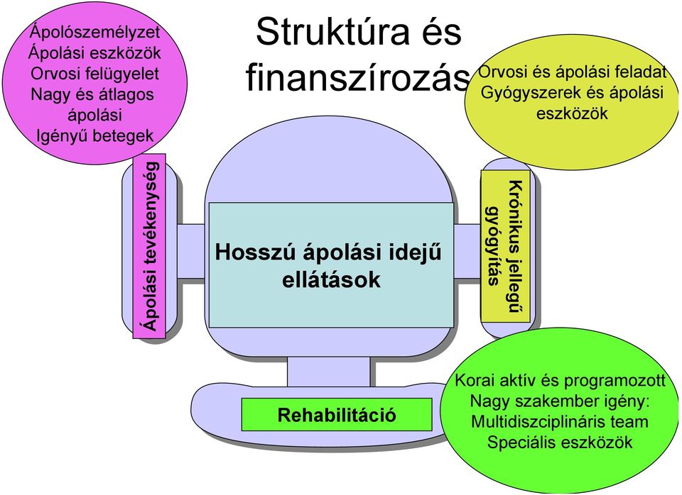 ápolási feladat Gyógyszerek és ápolási eszközök Krónikus jellegű gyógyítás Rehabilitáció