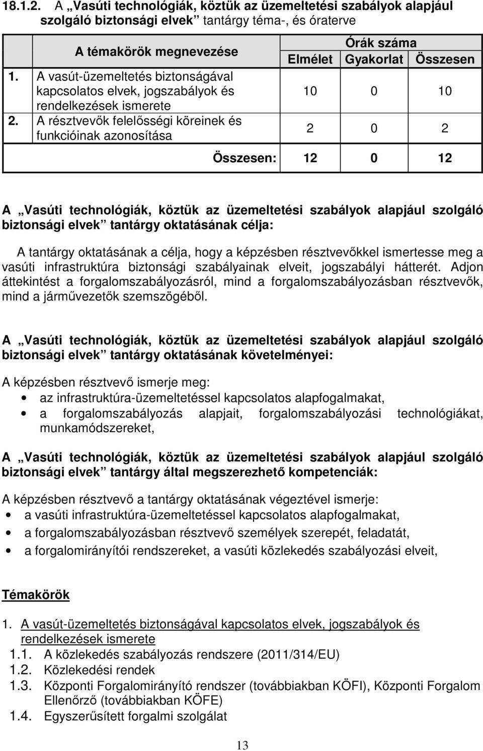 A résztvevők felelősségi köreinek és funkcióinak azonosítása Órák száma Elmélet Gyakorlat Összesen 10 0 10 2 0 2 Összesen: 12 0 12 A Vasúti technológiák, köztük az üzemeltetési szabályok alapjául