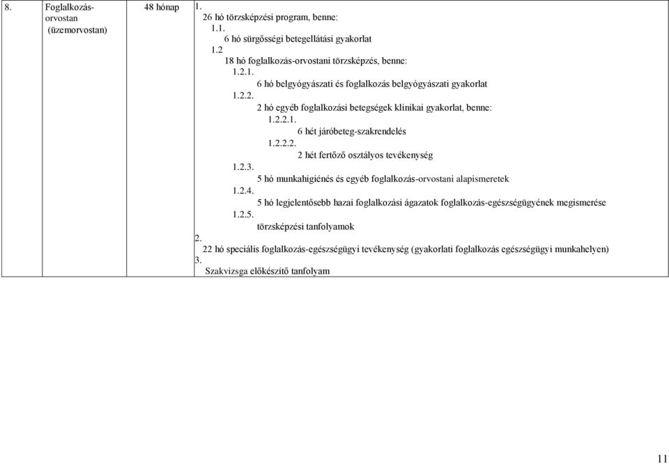 2 hó egyéb foglalkozási betegségek klinikai gyakorlat, benne: 6 hét járóbeteg-szakrendelés 1.