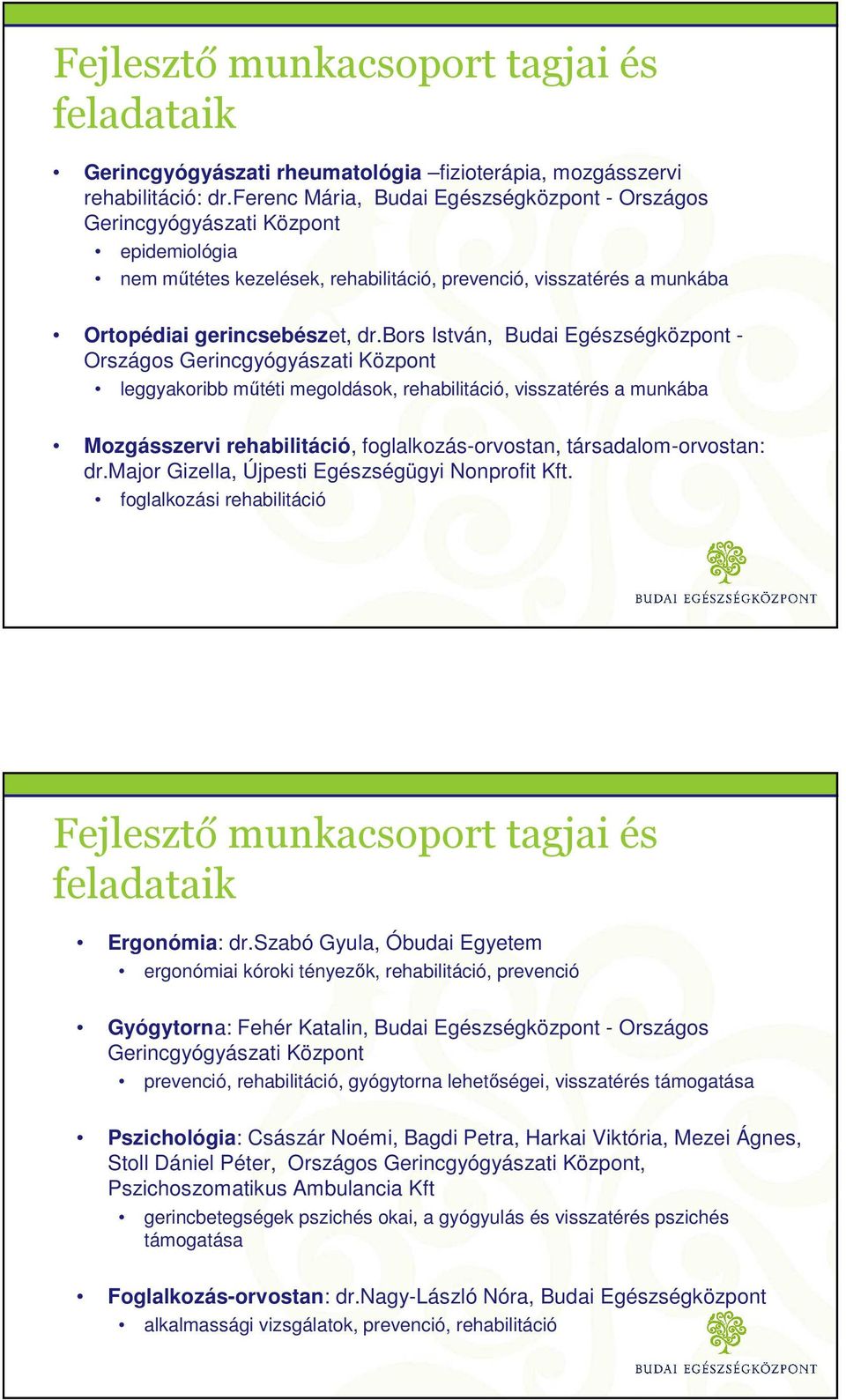 bors István, Budai Egészségközpont - Országos Gerincgyógyászati Központ leggyakoribb műtéti megoldások, rehabilitáció, visszatérés a munkába Mozgásszervi rehabilitáció, foglalkozás-orvostan,