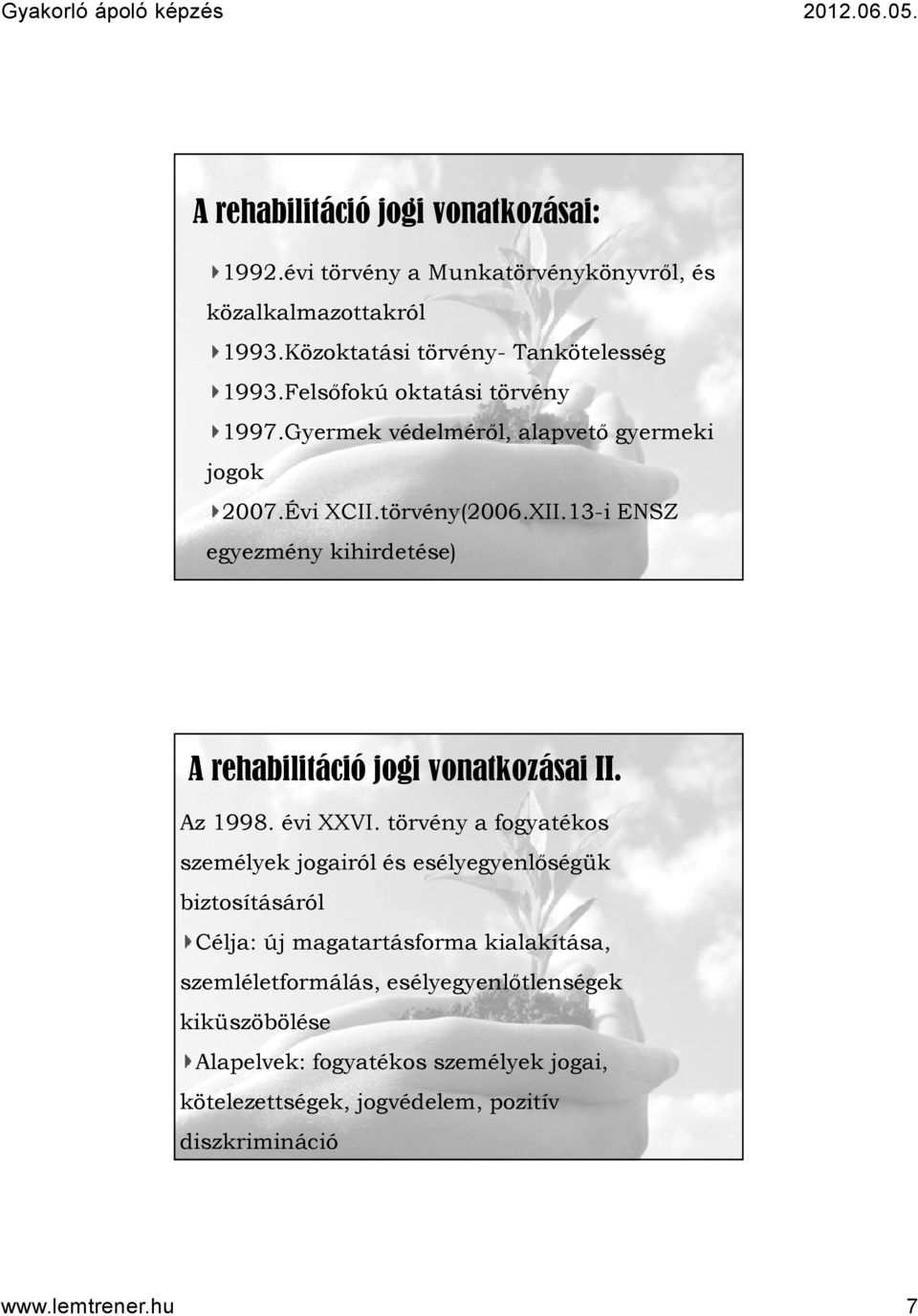 13-i ENSZ egyezmény kihirdetése) 13 A rehabilitáció jogi vonatkozásai II. Az 1998. évi XXVI.