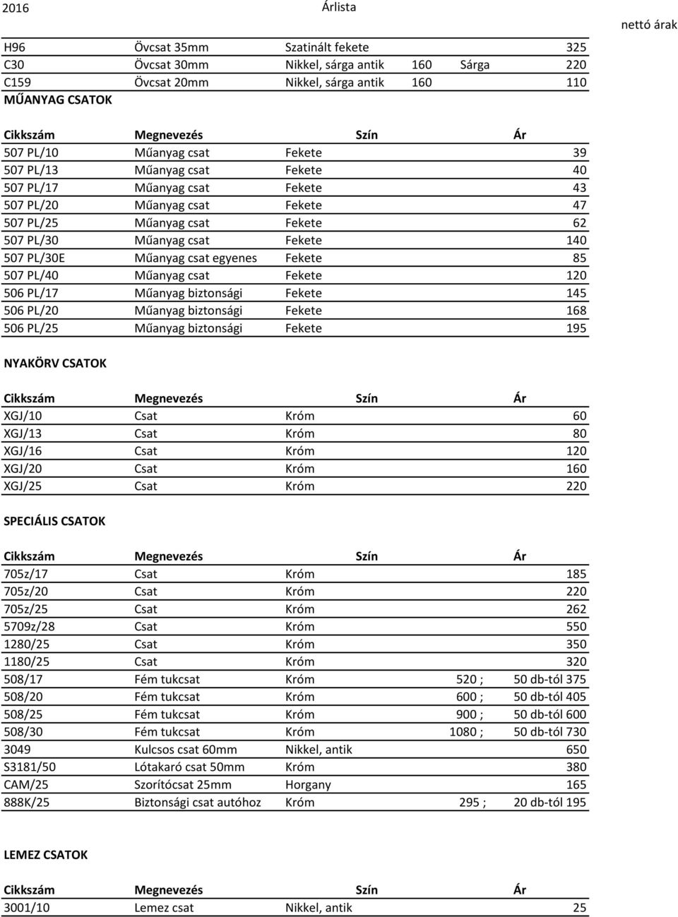 Műanyag csat Fekete 120 506 PL/17 Műanyag biztonsági Fekete 145 506 PL/20 Műanyag biztonsági Fekete 168 506 PL/25 Műanyag biztonsági Fekete 195 NYAKÖRV CSATOK XGJ/10 Csat Króm 60 XGJ/13 Csat Króm 80