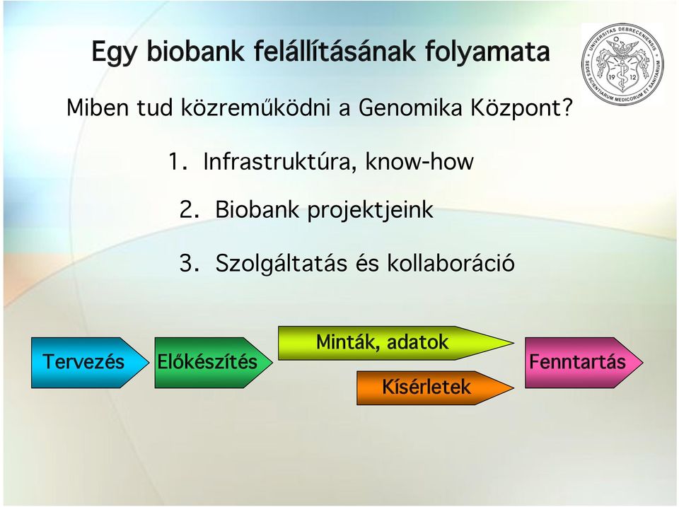 Infrastruktúra, know-how 2. Biobank projektjeink 3.
